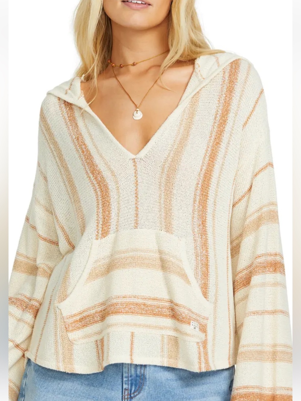 Vintage Billabong Cream and Brown Striped V-Neck Hooded Sweater M